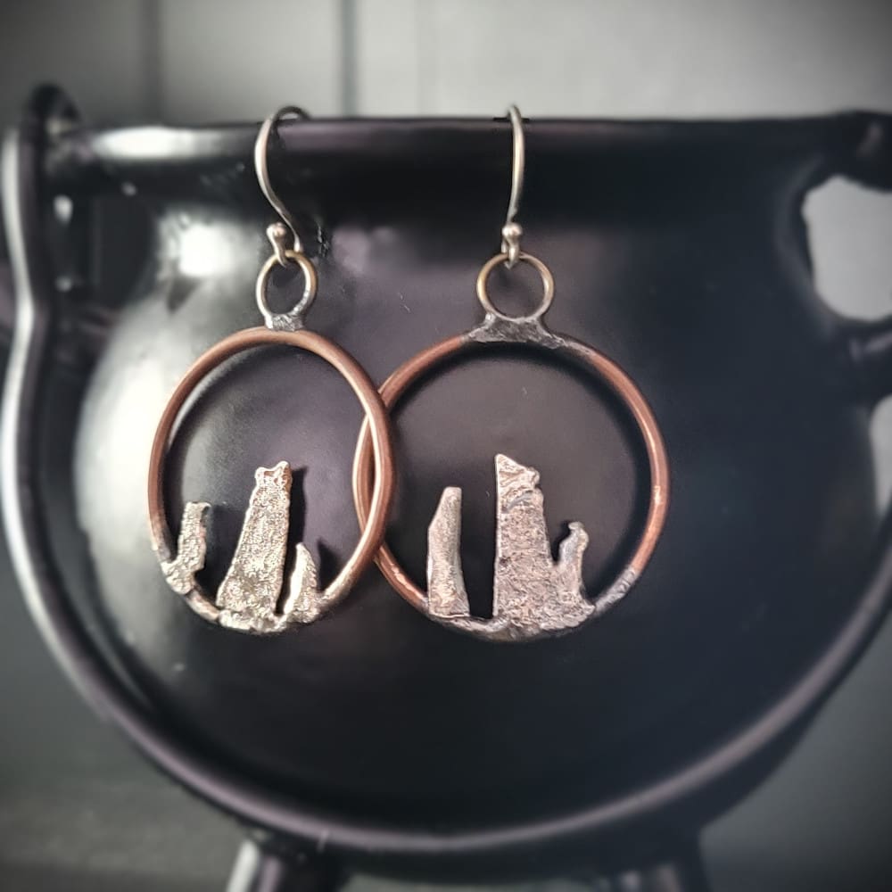 Copper Hoops with 3 sterling silver standing stones and sterling silver ear hooks.