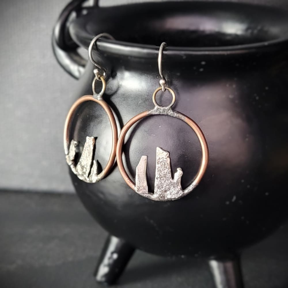 Copper Hoops with 3 sterling silver standing stones and sterling silver ear hooks.