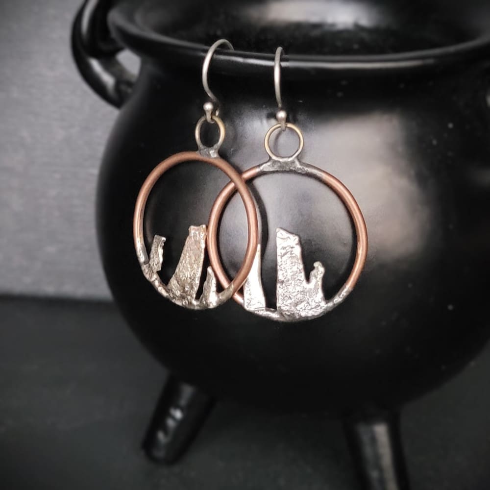 Copper Hoops with 3 sterling silver standing stones and sterling silver ear hooks.