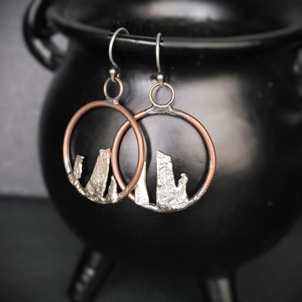 Copper Hoops with 3 sterling silver standing stones and sterling silver ear hooks.