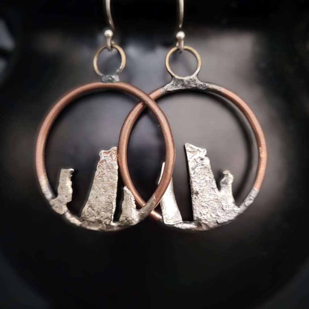 Copper Hoops with 3 sterling silver standing stones and sterling silver ear hooks.