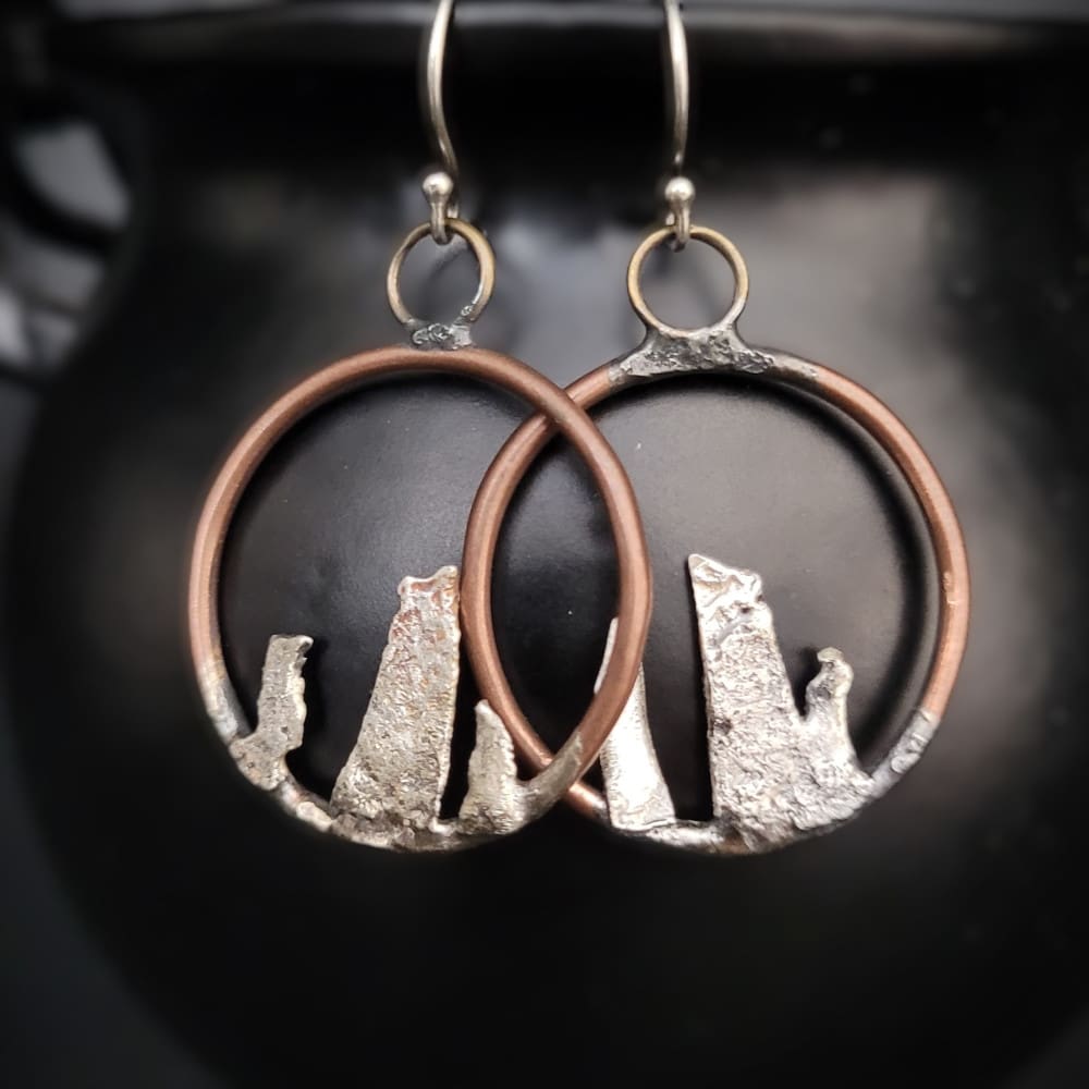 Copper Hoops with 3 sterling silver standing stones and sterling silver ear hooks.