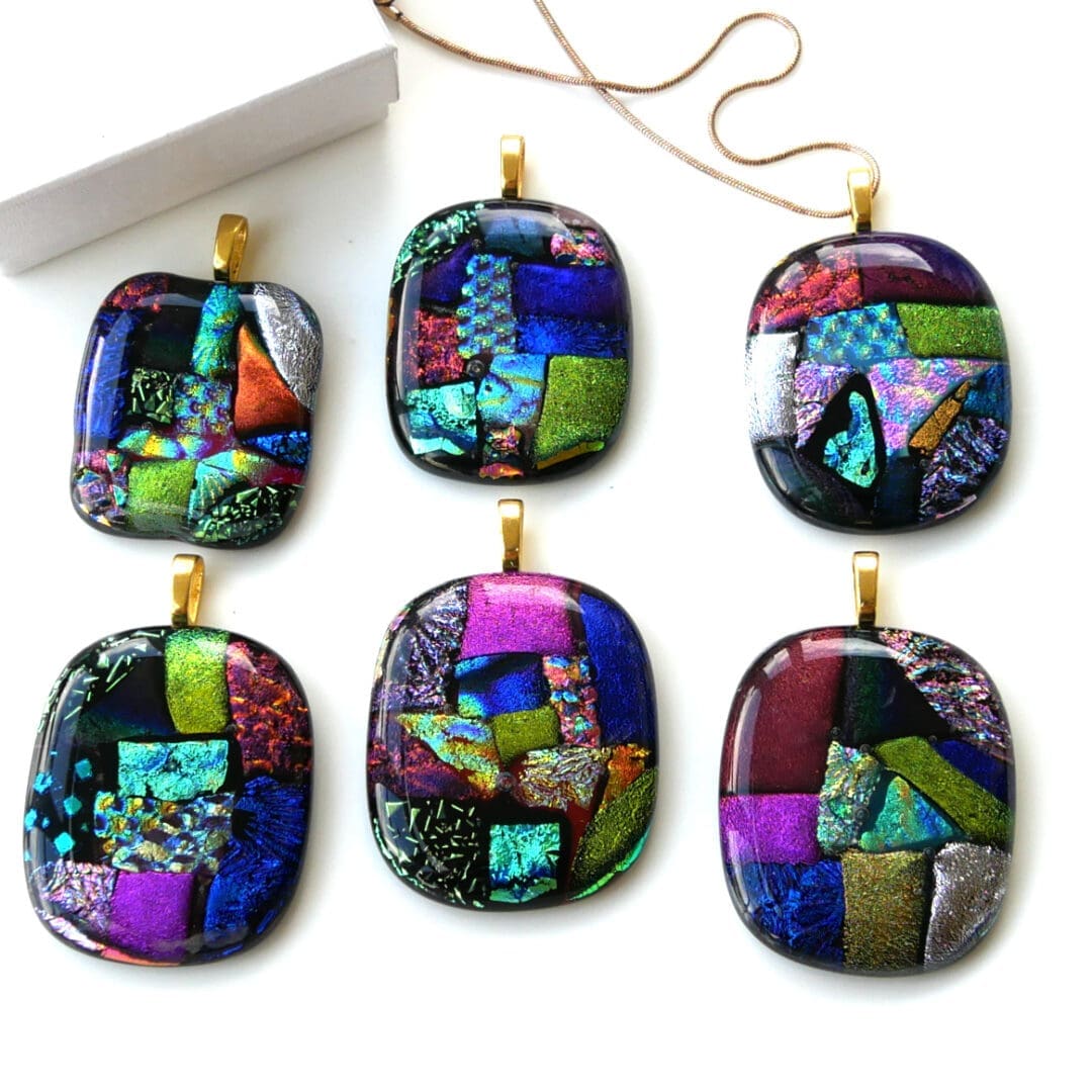 Dichroic supersize glass pendants with gold chain patchwork