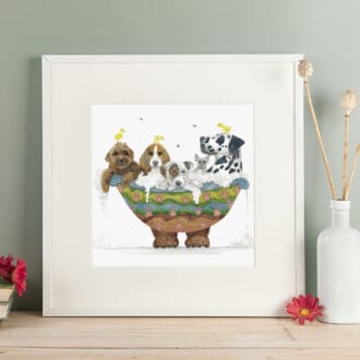 Assorted dogs sharing a bathtub of bubbles. Print in a white mount