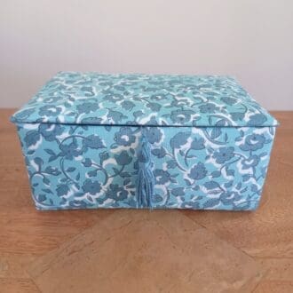 Teal and white fabric covered trinket box