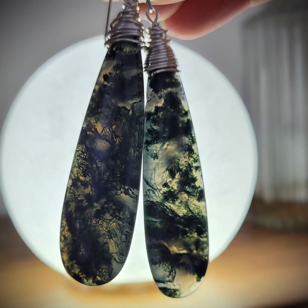 Moss Agate Teardrop Earrings with sterling silver hooks.