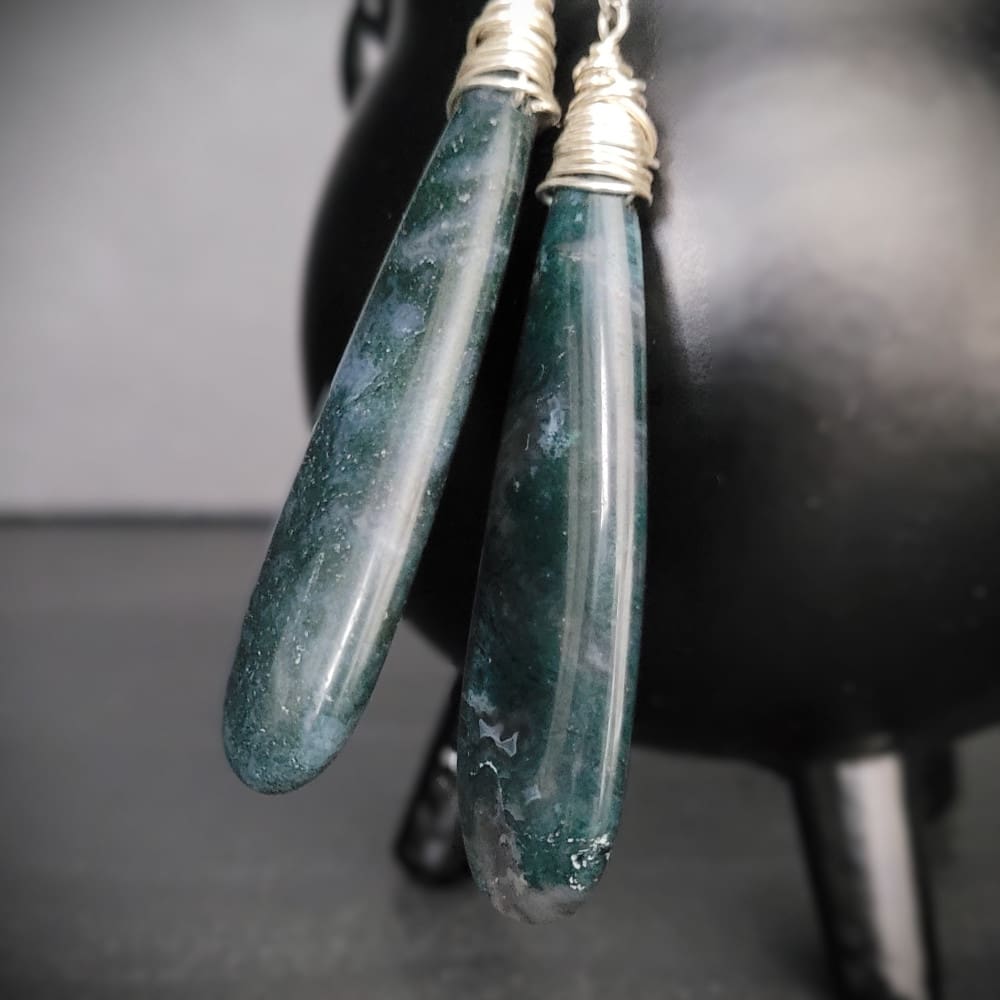 Moss Agate Teardrop Earrings with sterling silver hooks.