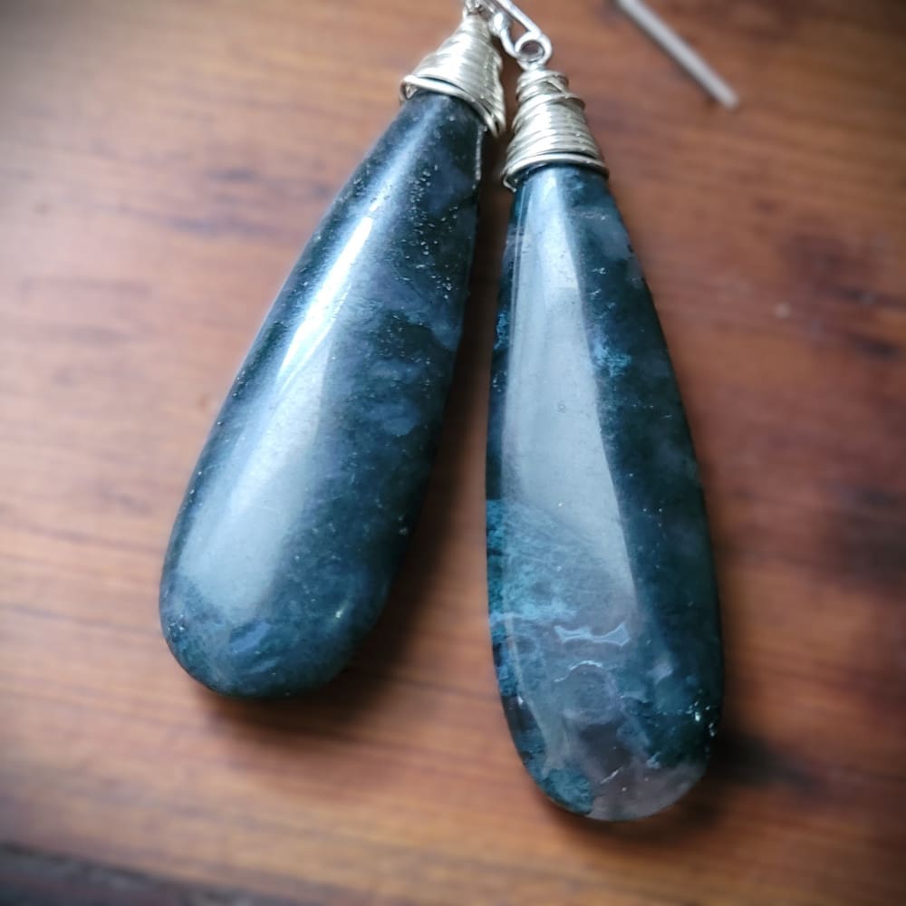 Moss Agate Teardrop Earrings with sterling silver hooks.