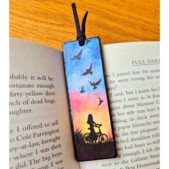 Wooden bookmark - girl on bike - sunset