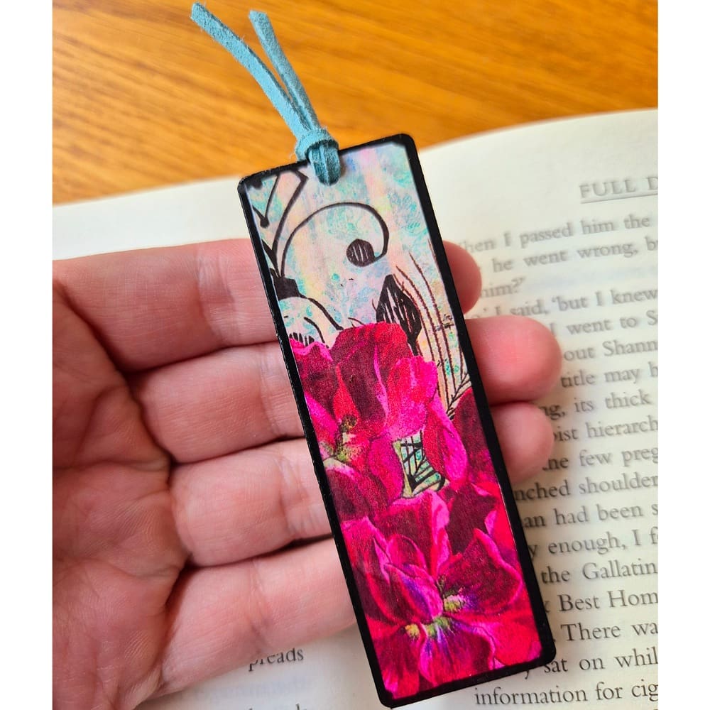 Wooden bookmark - pink flowers - gift