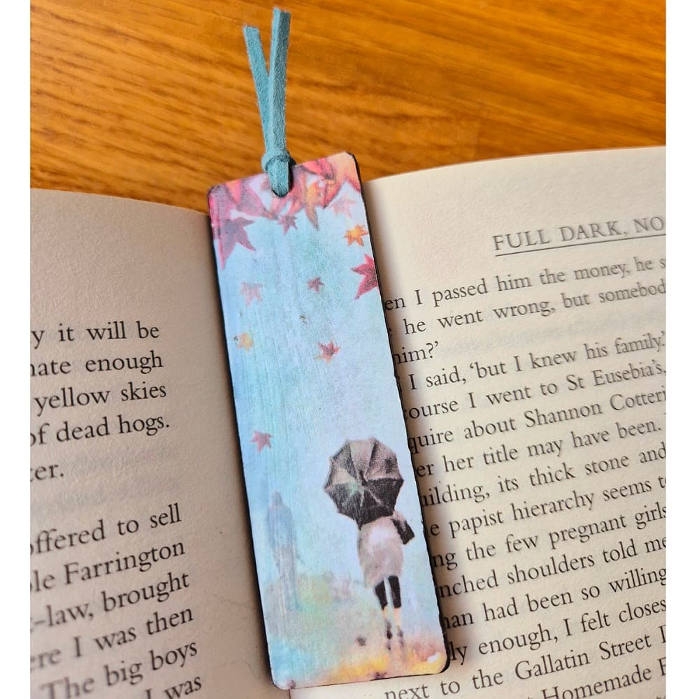 Wooden bookmark - rain - autumn