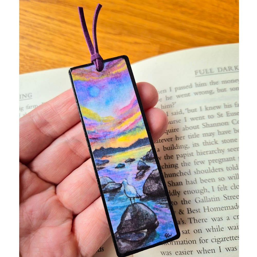 Wooden bookmark - sunset - beach - seagull