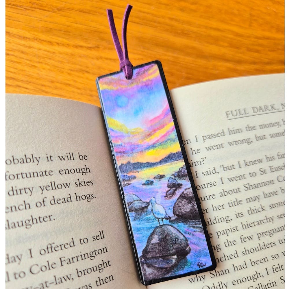 Wooden bookmark - sunset - beach - seagull