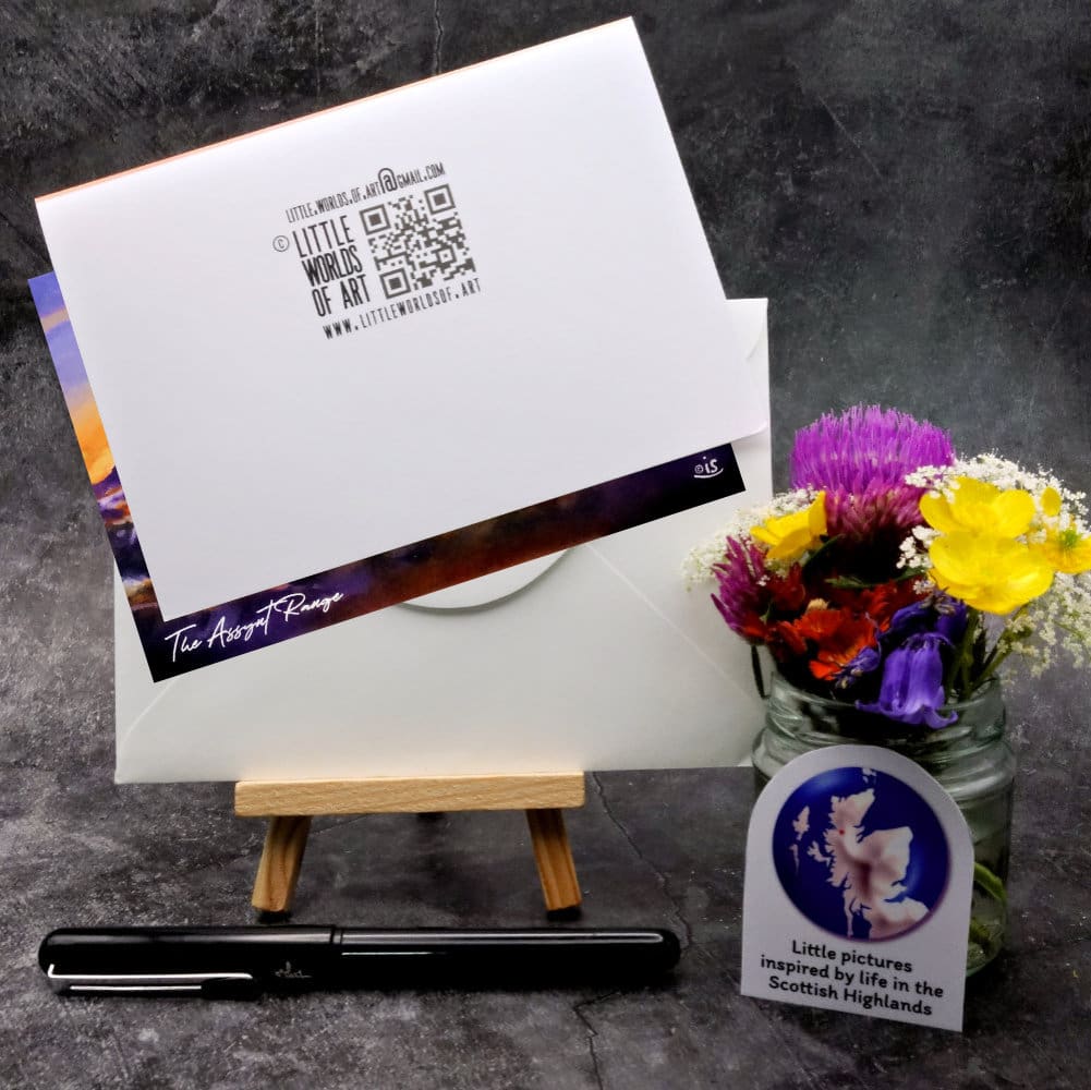 Image showing the back of The Assynt Range card and envelope (portrait format)