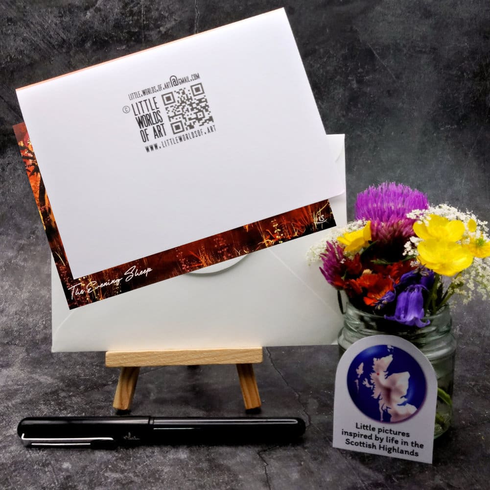 Image showing the back of The Evening Sheep card and envelope (portrait format).