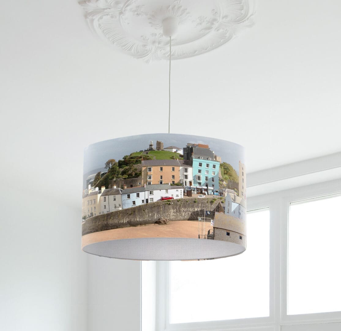 lampshade tenby harbour wales seaside print coastal lighting