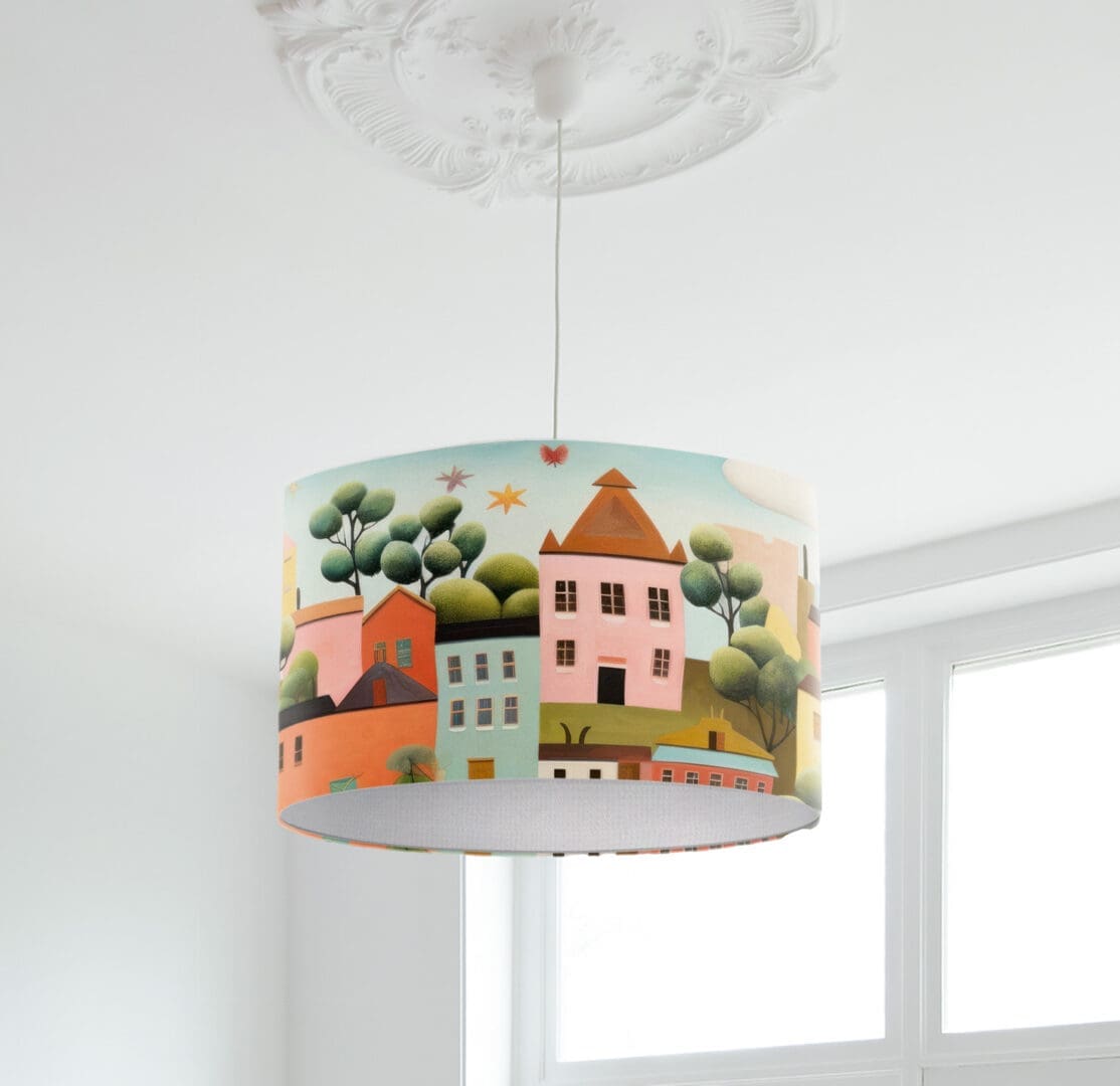 modern colourful bright lampshade with house illustration trendy lighting