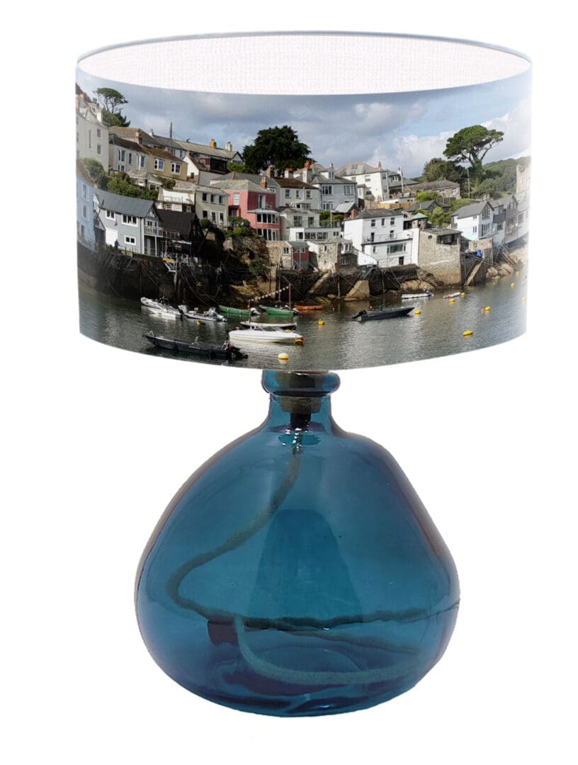 lampshade of polruan cornwall coastal lighting with a seaside print