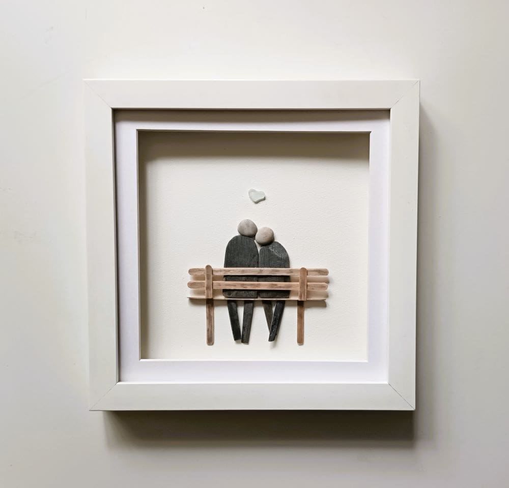 pebble art couple on bench anniversary gift