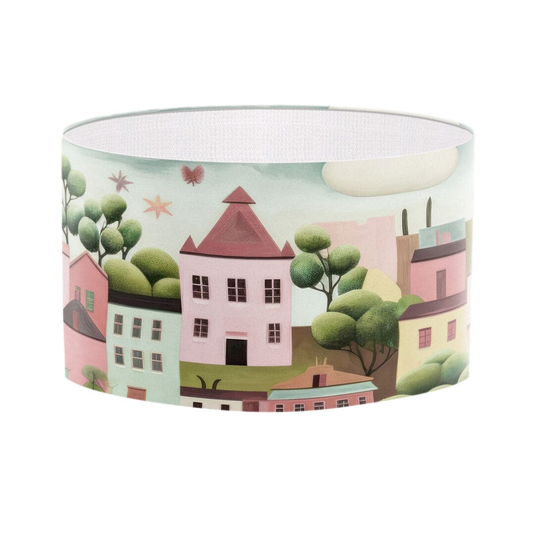 Trendy modern lampshade with pastel colour houses print for table lampshade and hanging pendant ceiling lampshade modern lighting lampshade