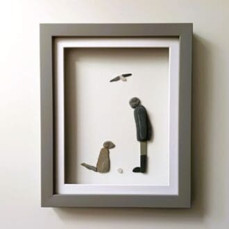 pebble art lady and her dog in grey or white frame