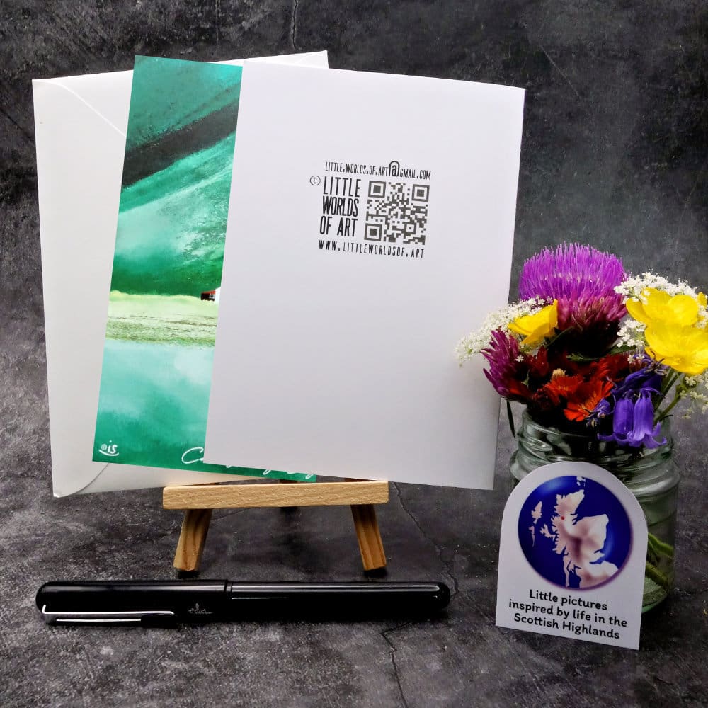 Image showing the back of the Camasunary Bay card and envelope (portrait format)