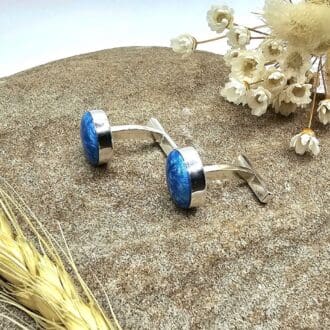 Pair of handmade sterling silver gents cufflinks with deep blue nebula-like resin keepsake stone on each cufflink