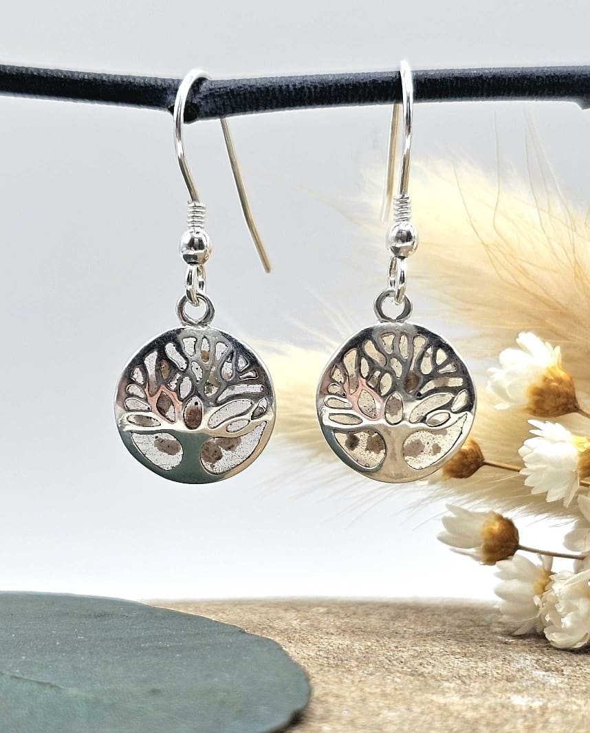 Handcrafted recycled sterling silver yggdrasil keepsake pair of drop earrings with ashes in resin hang from decorative stick