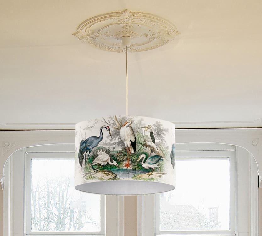 lampshade with exotic birds heron vintage print