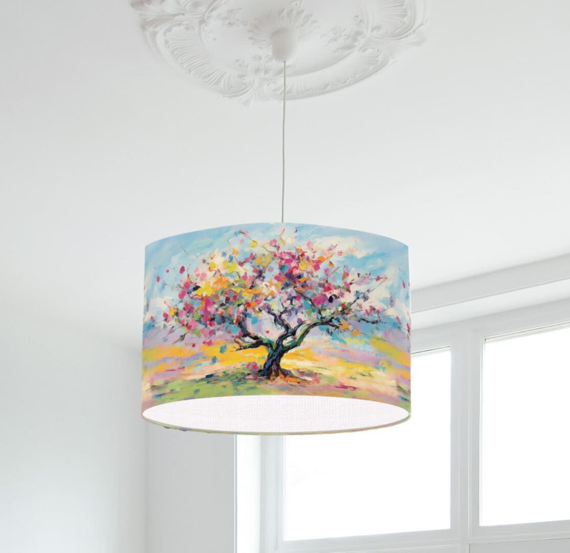 modern lampshade with bright colourful tree print