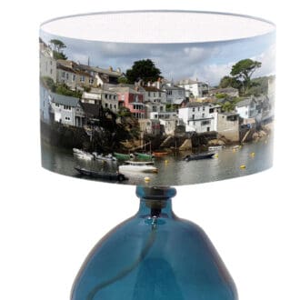 lampshade of polruan cornwall coastal lighting with a seaside print