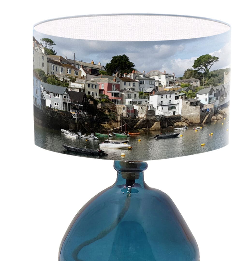 lampshade of polruan cornwall coastal lighting with a seaside print