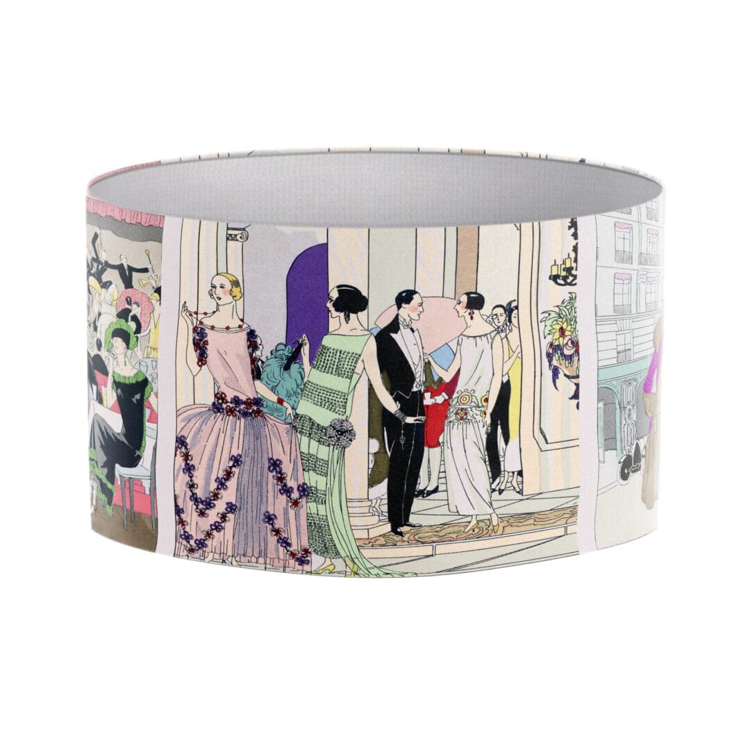 lampshade with fun colourful 1920's cocktail party illustration