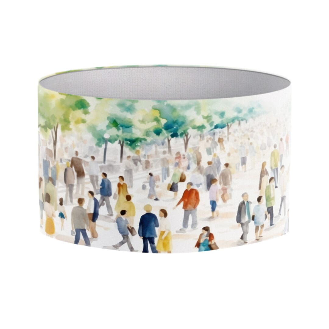 modern contemporary lampshade with bright colours people walking in the park