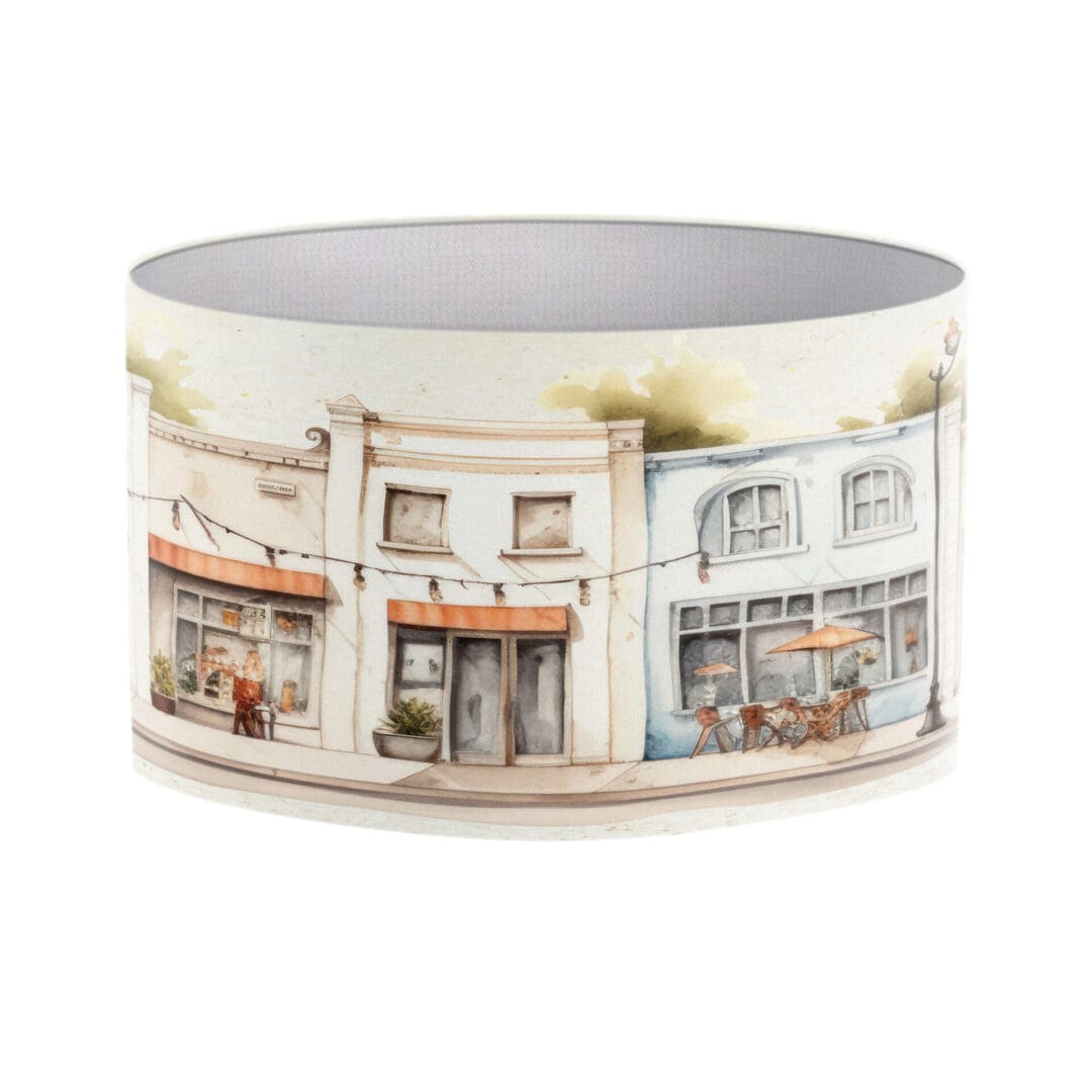 lampshade with contemporary design, houses shops watercolour print. modern lampshade,