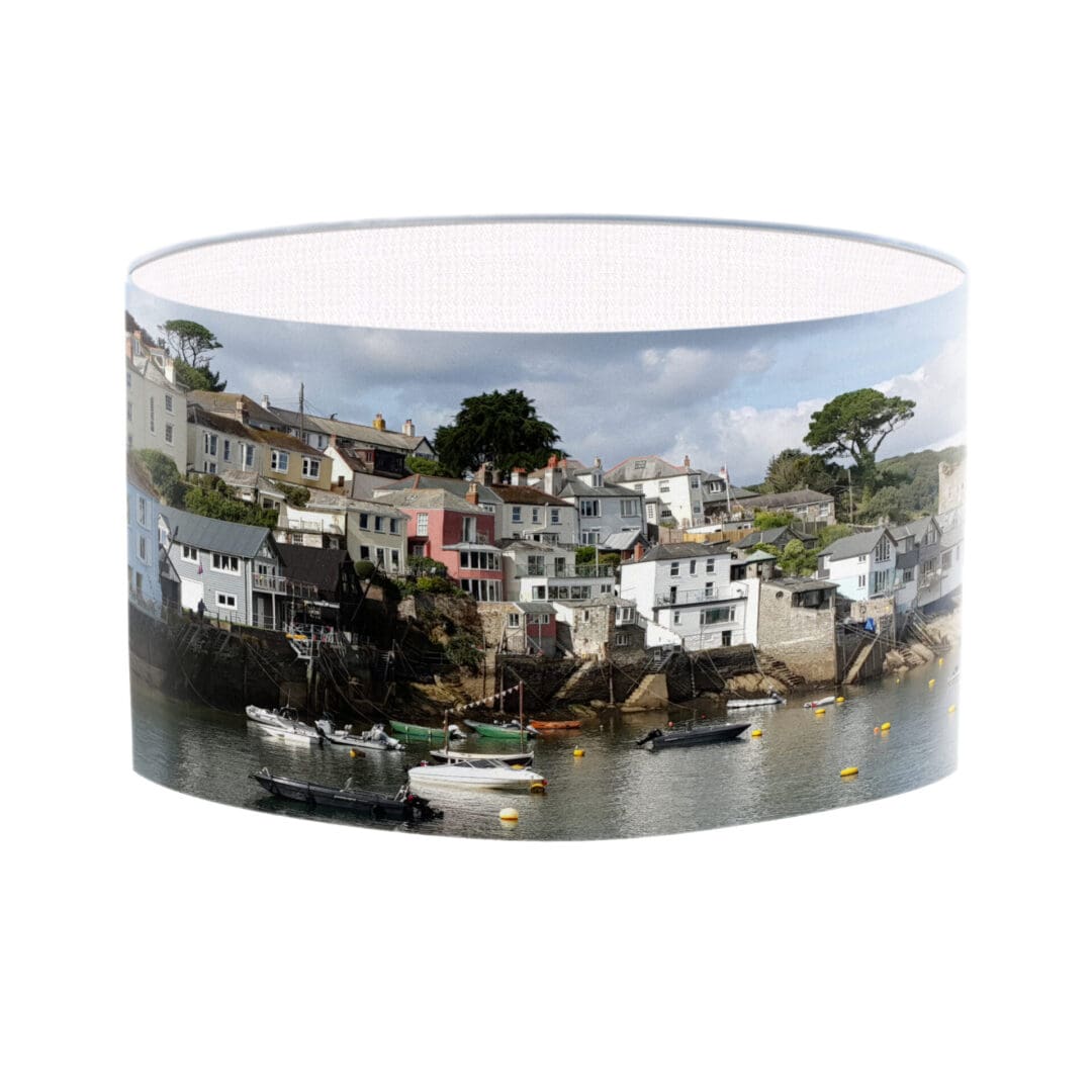 lampshade of polruan cornwall coastal lighting with a seaside print