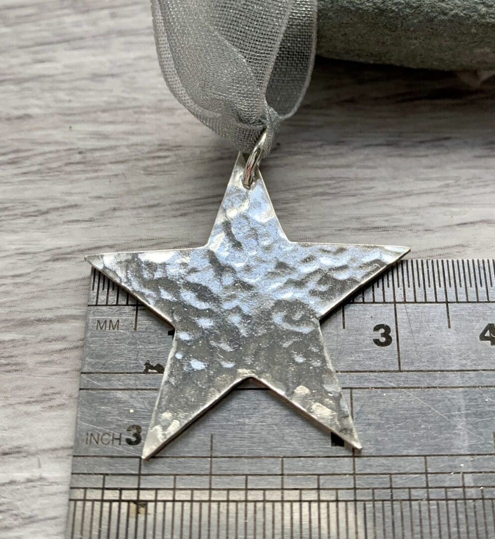 fine silver hammered texture twinkly star hanging decoration tree decoration