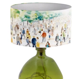 modern contemporary lampshade with bright colours people walking in the park