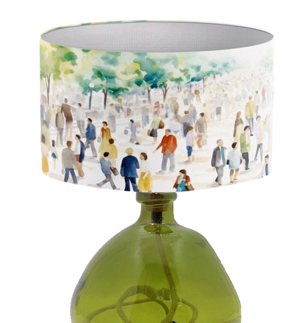 modern contemporary lampshade with bright colours people walking in the park