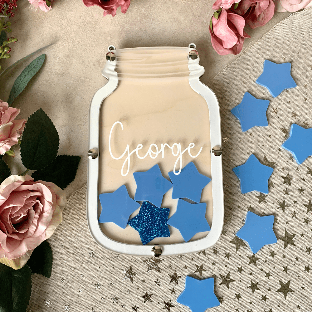 reward jar with pastel blue star shaped tokens