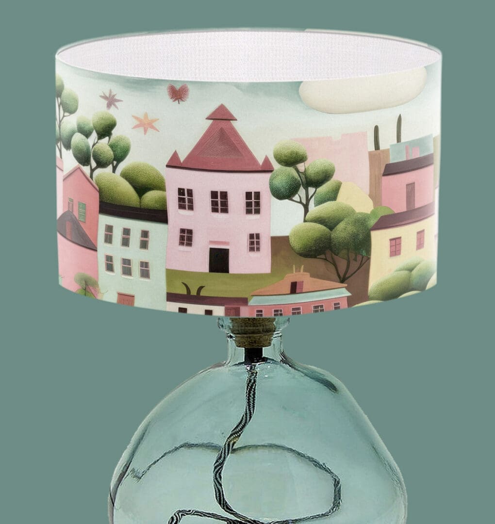 Trendy modern lampshade with pastel colour houses print for table lampshade and hanging pendant ceiling lampshade modern lighting lampshade