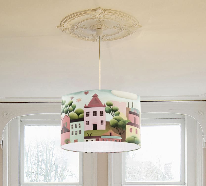 Trendy modern lampshade with pastel colour houses print for table lampshade and hanging pendant ceiling lampshade modern lighting lampshade