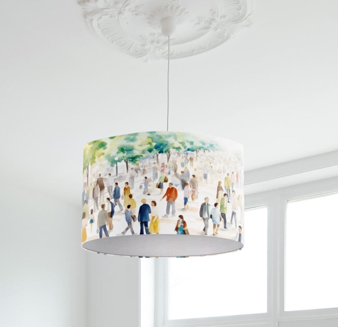 modern contemporary lampshade with bright colours people walking in the park