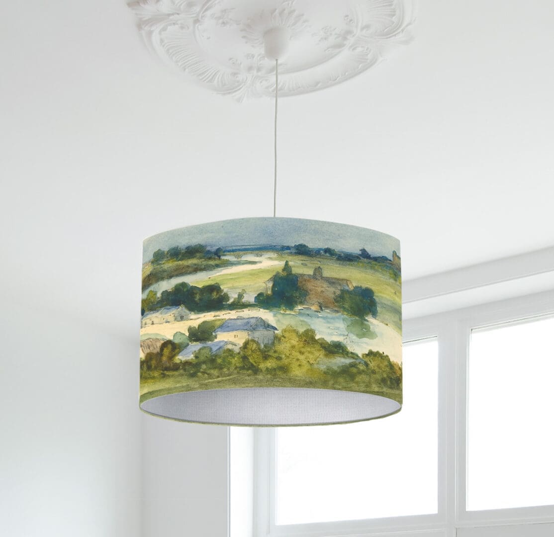 lampshade watercolor country landscape scene vintage fine art lamp shade