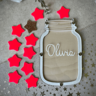 Personalised reward jar with bright barbie pink tokens