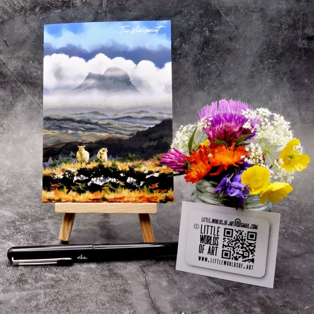 Image titled The Viewpoint, showing an A6 size greetings card, blank inside, on a small easel depicting an atmospheric landscape scene from a well known Assynt viewpoint on the B869.