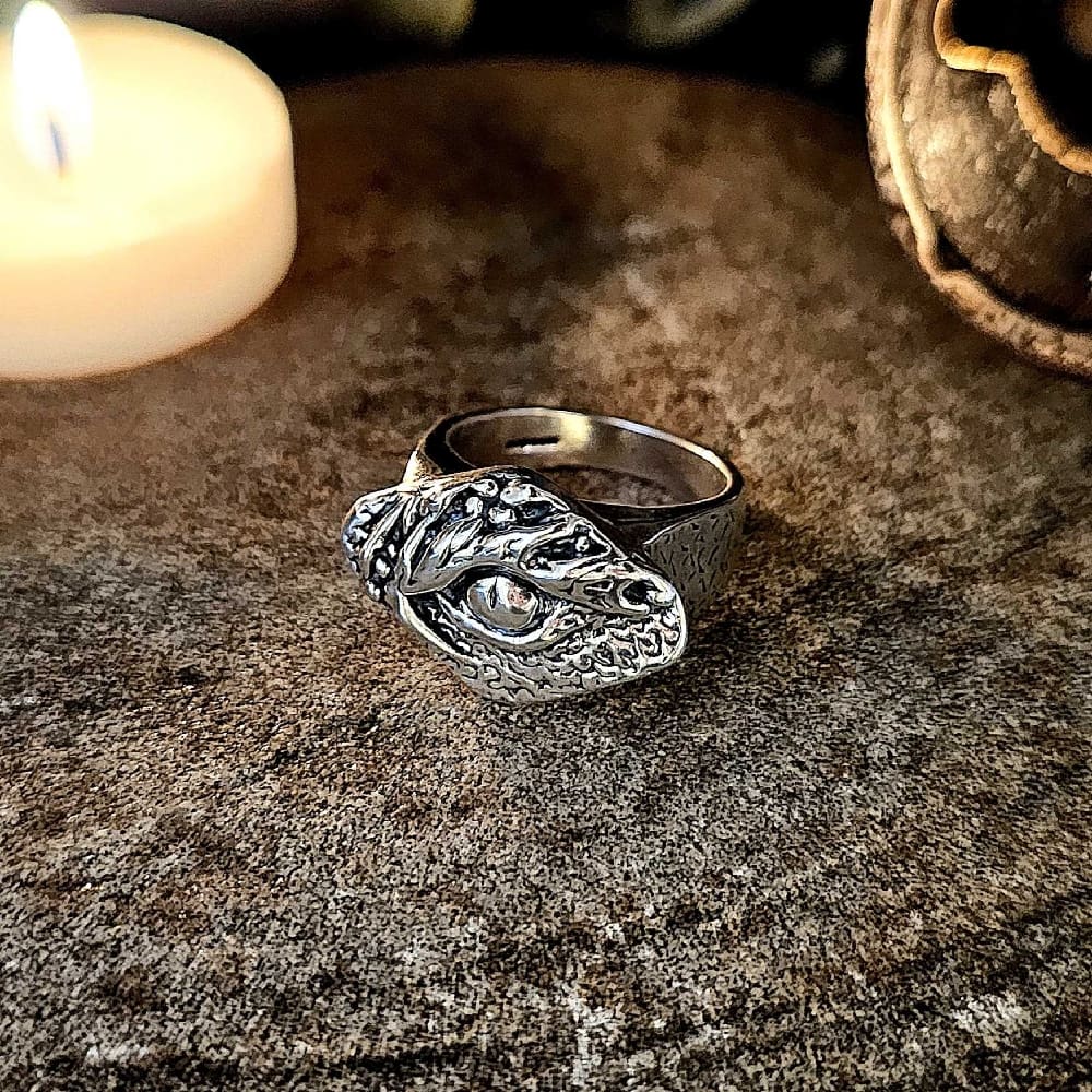 Handcrafted recycled sterling silver signet ring with dragon eye design displayed in candlelit dark aesthetic setting