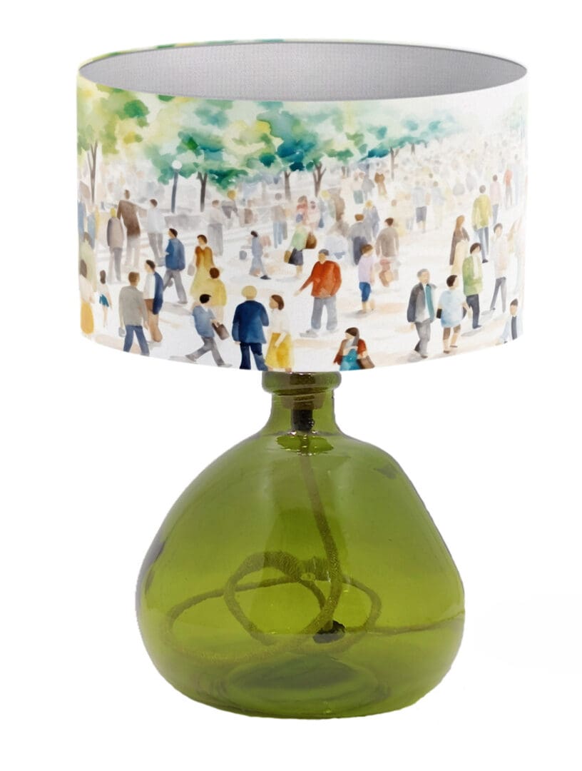 modern contemporary lampshade with bright colours people walking in the park