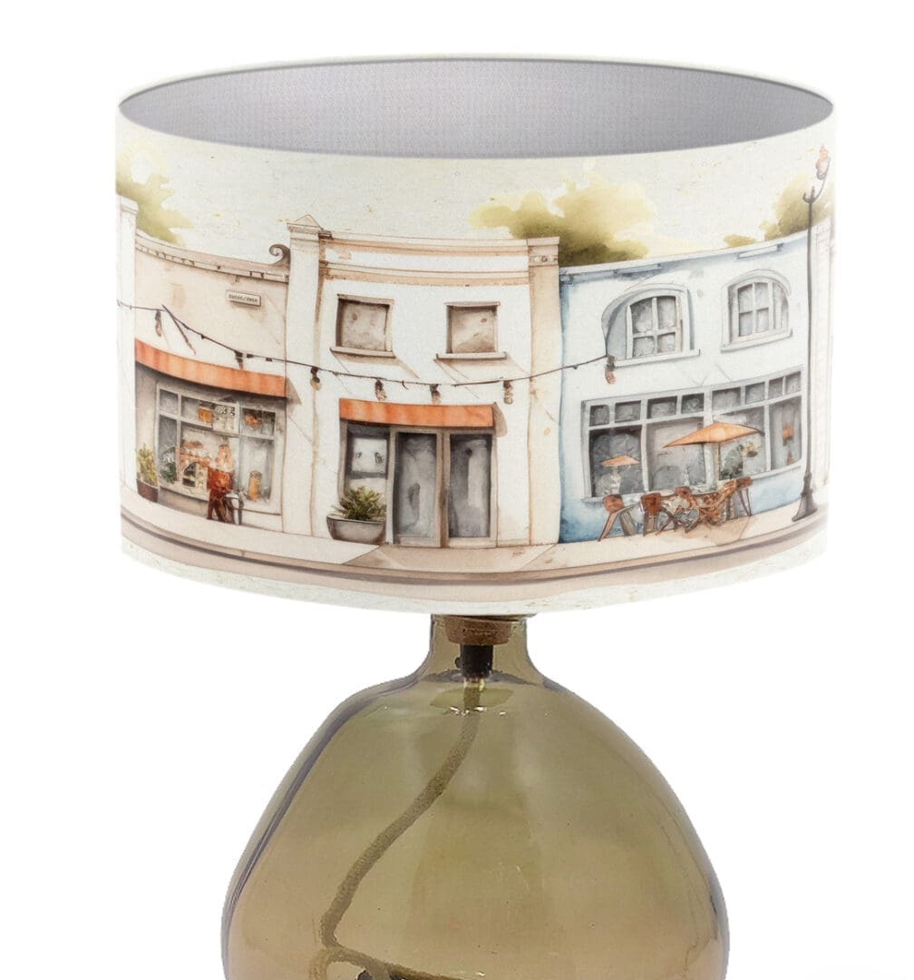 lampshade with contemporary design, houses shops watercolour print. modern lampshade,