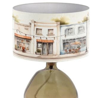 lampshade with contemporary design, houses shops watercolour print. modern lampshade,